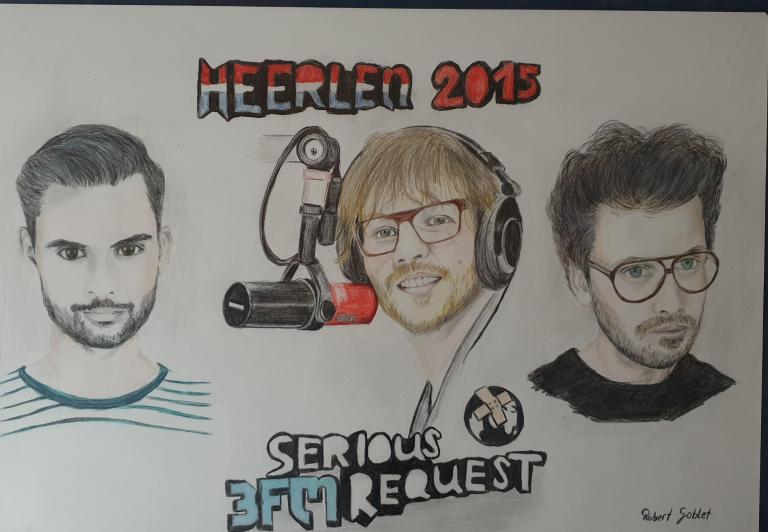 Tekening van dj's serious request 2015 in Heerlen door Rob Goblet